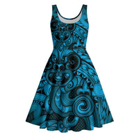 Aotearoa Maori Hei Tiki Midi Dress Kikorangi Kowhaiwhai Puhoro Motif LT9 Blue - Polynesian Pride