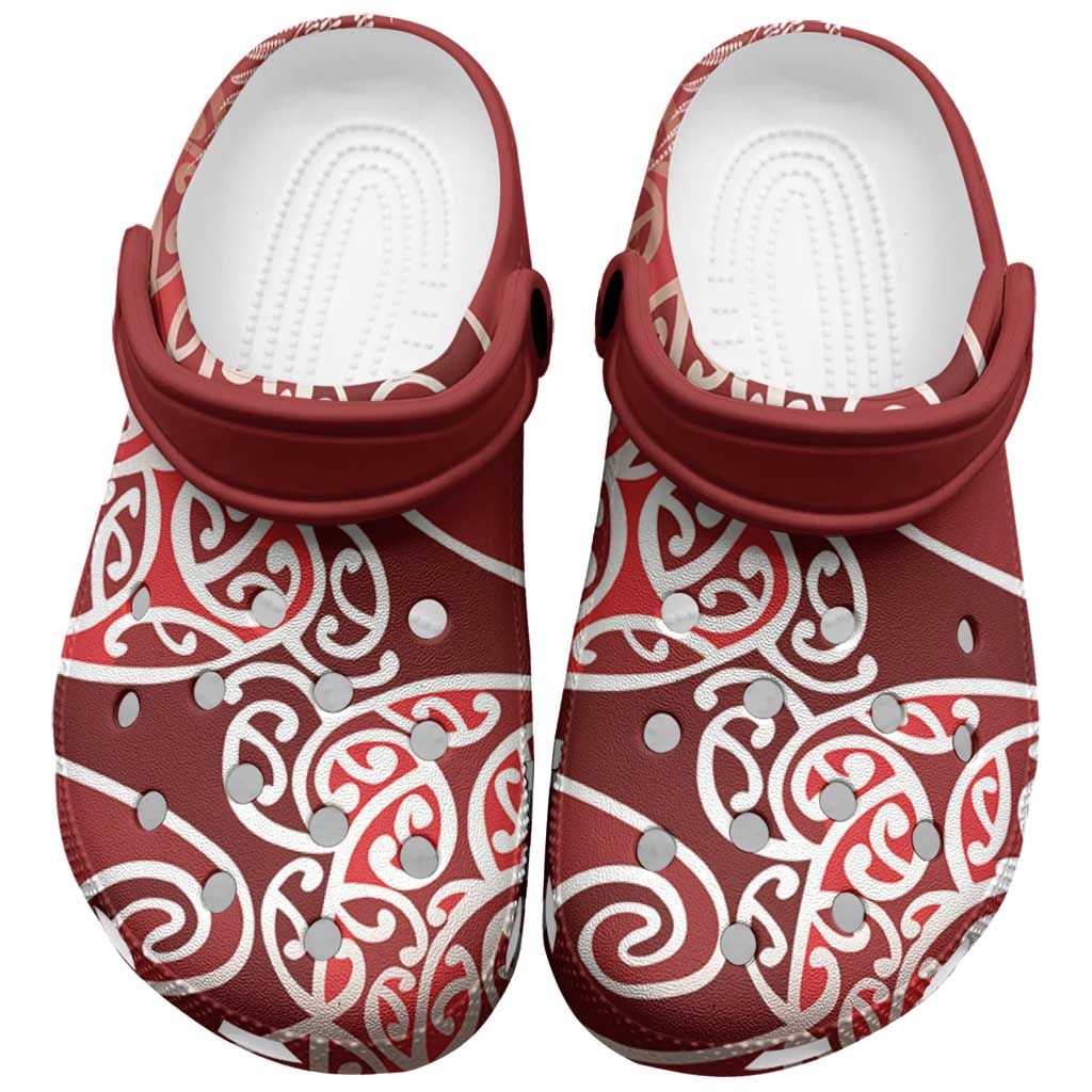 Aotearoa Maori Koru Curves Clogs Shoes Silver Ferns - Crimson Red LT7 Red - Polynesian Pride