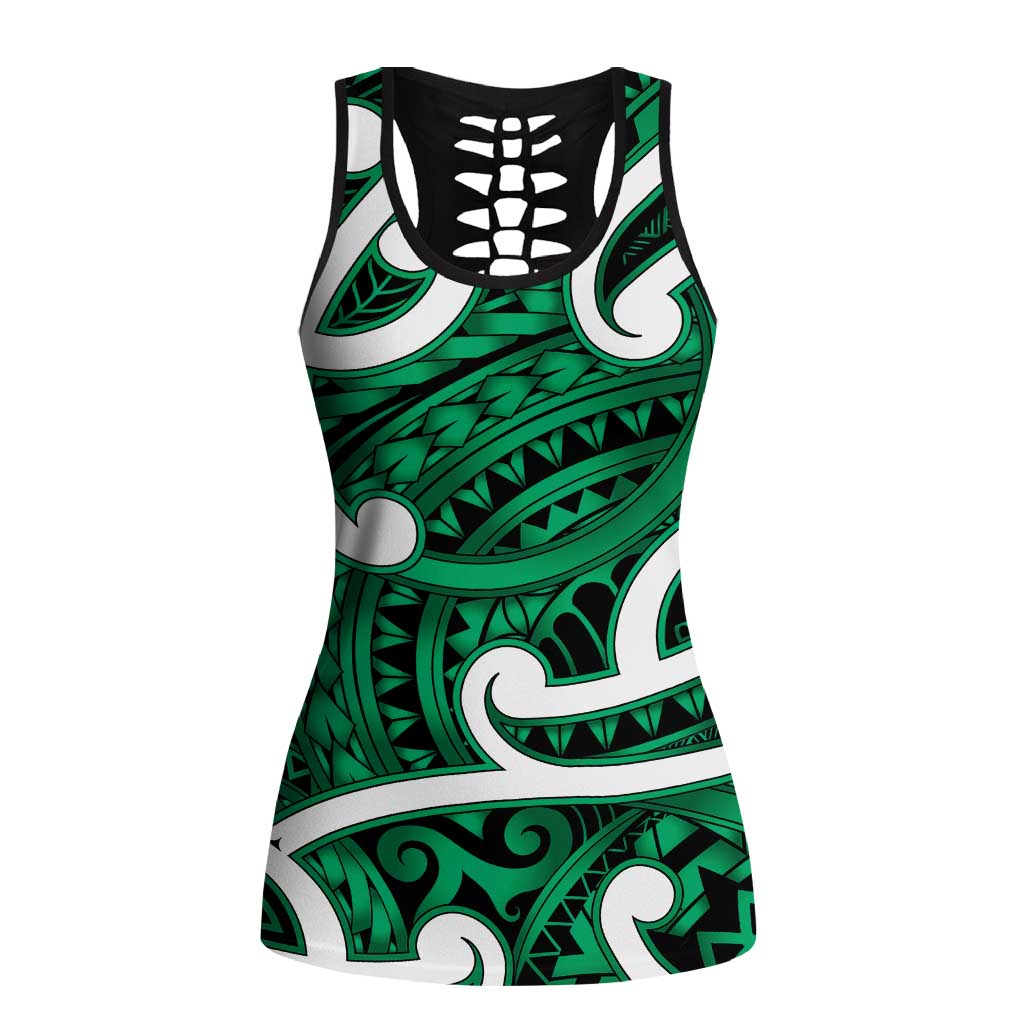 Aotearoa Maori Kowhaiwhai Hollow Tank Top Kakariki Puhoro and Patiki LT9 Female Green - Polynesian Pride