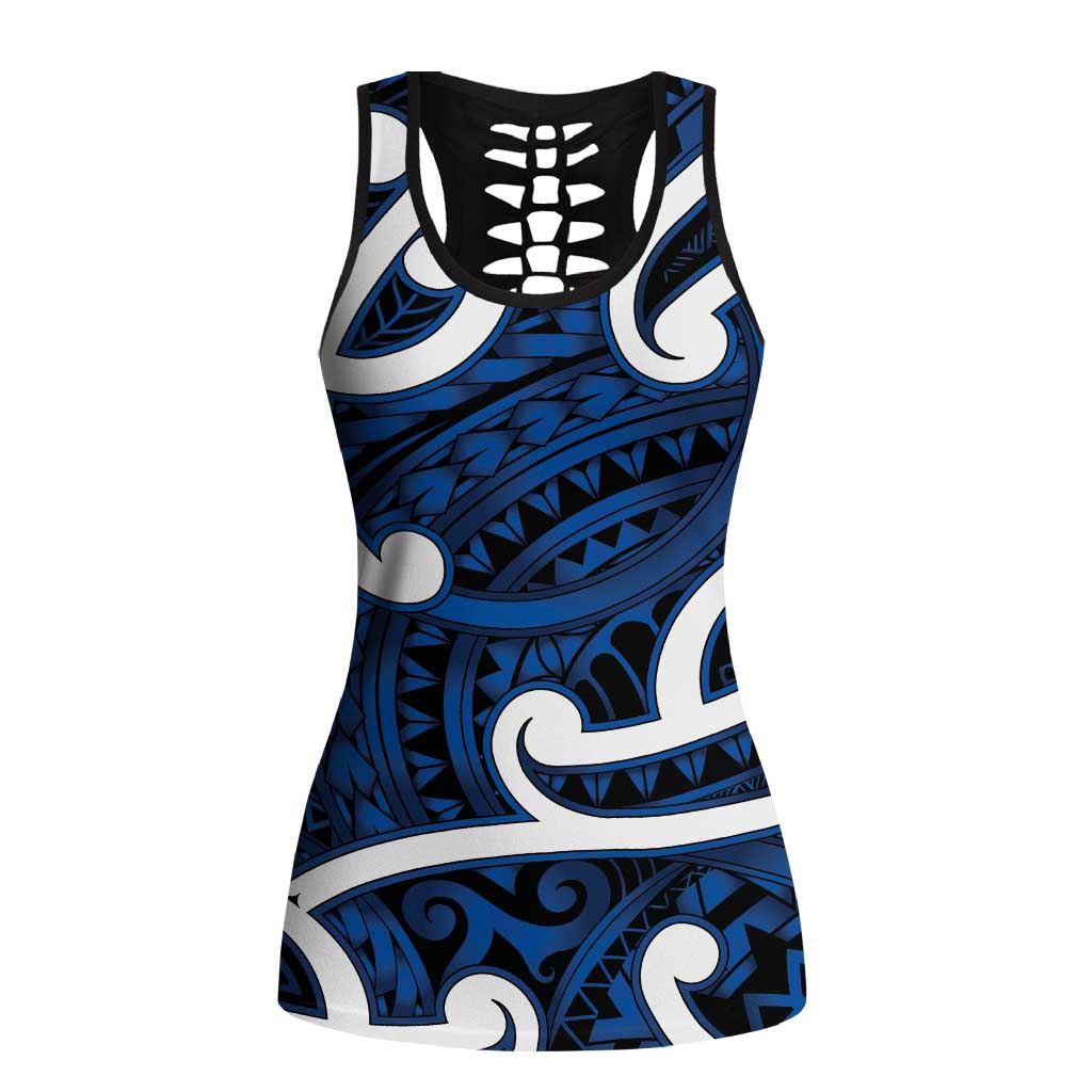 Aotearoa Maori Kowhaiwhai Hollow Tank Top Kikorangi Puhoro and Patiki LT9 Female Blue - Polynesian Pride