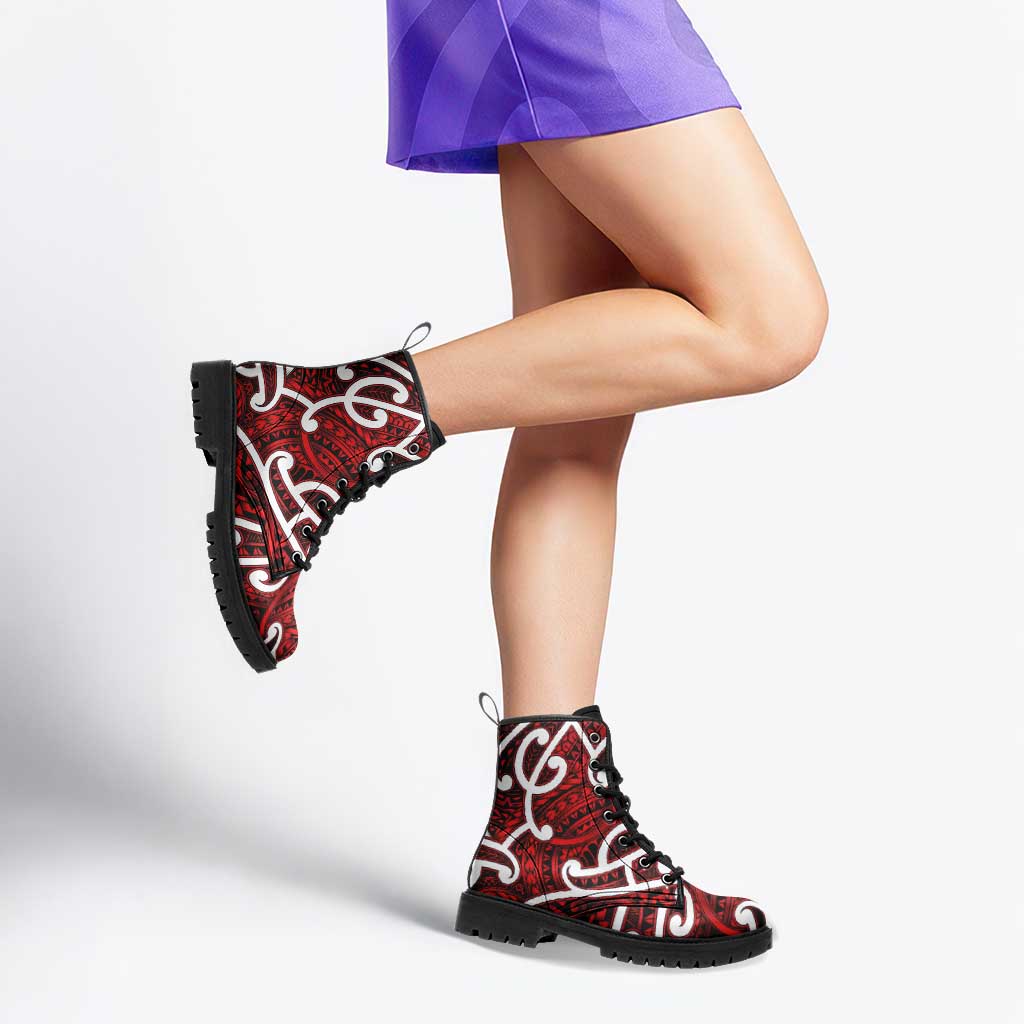 Aotearoa Maori Kowhaiwhai Leather Boots Whero Puhoro and Patiki