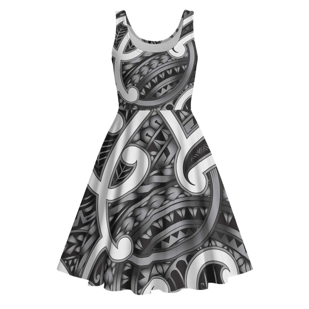 Aotearoa Maori Kowhaiwhai Midi Dress Kiwikiwi Puhoro and Patiki LT9 Grey - Polynesian Pride