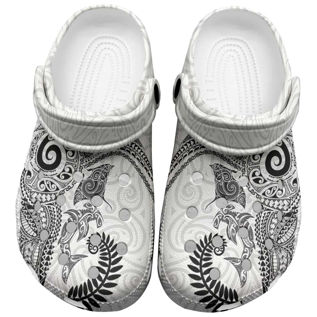 Aotearoa Maori Sea Animals Tribal Clogs Shoes Manta Ray and Shark Moko Pattern White Color LT03 White - Polynesian Pride