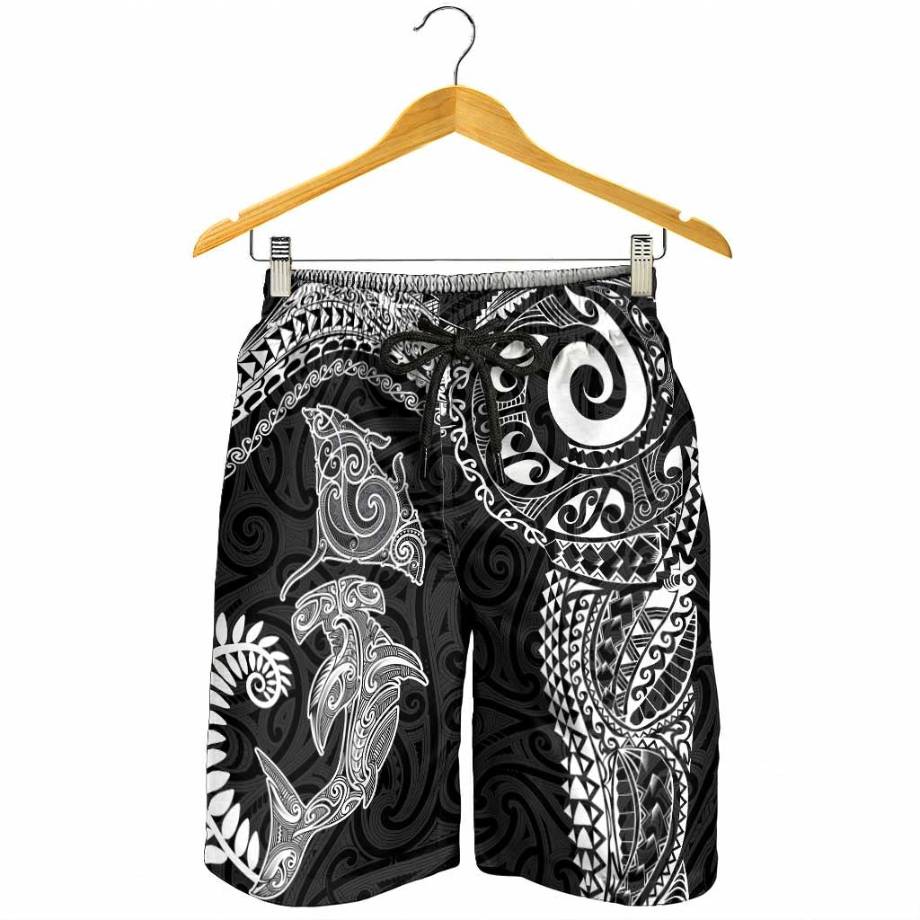 Aotearoa Maori Sea Animals Tribal Shorts for Men Manta Ray and Shark Moko Pattern Black Color LT03 - Polynesian Pride