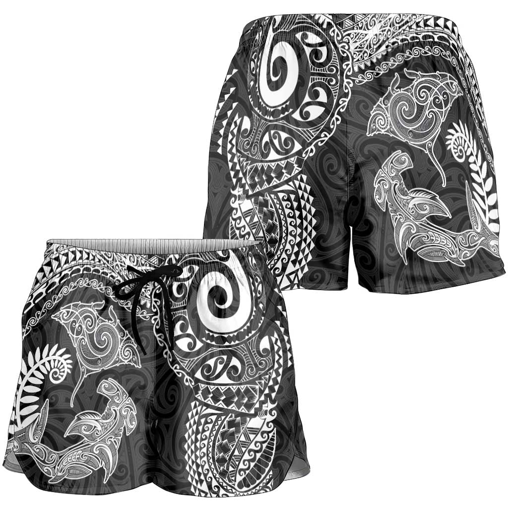 Aotearoa Maori Sea Animals Tribal Shorts for Women Manta Ray and Shark Moko Pattern Black Color LT03 - Polynesian Pride