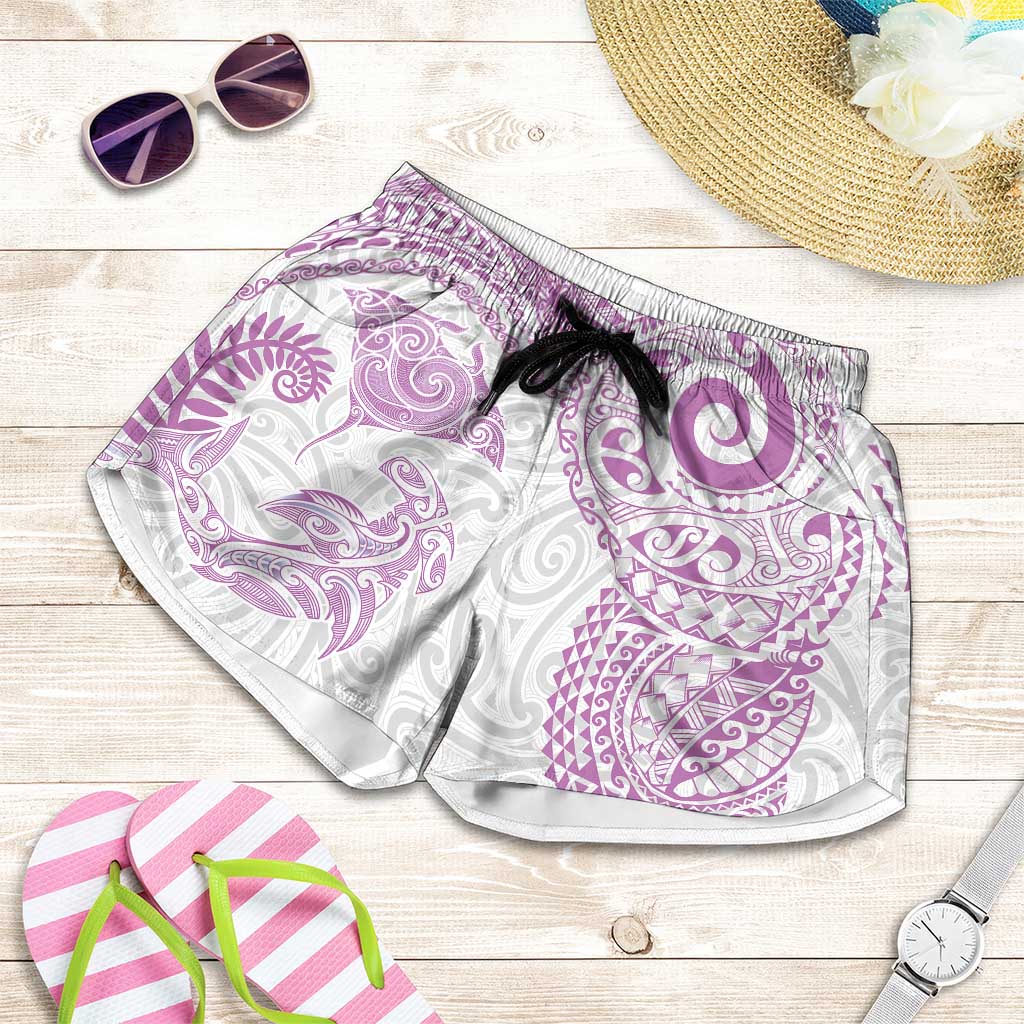 Aotearoa Maori Sea Animals Tribal Shorts for Women Manta Ray and Shark Moko Pattern Pink Color LT03 Pink - Polynesian Pride
