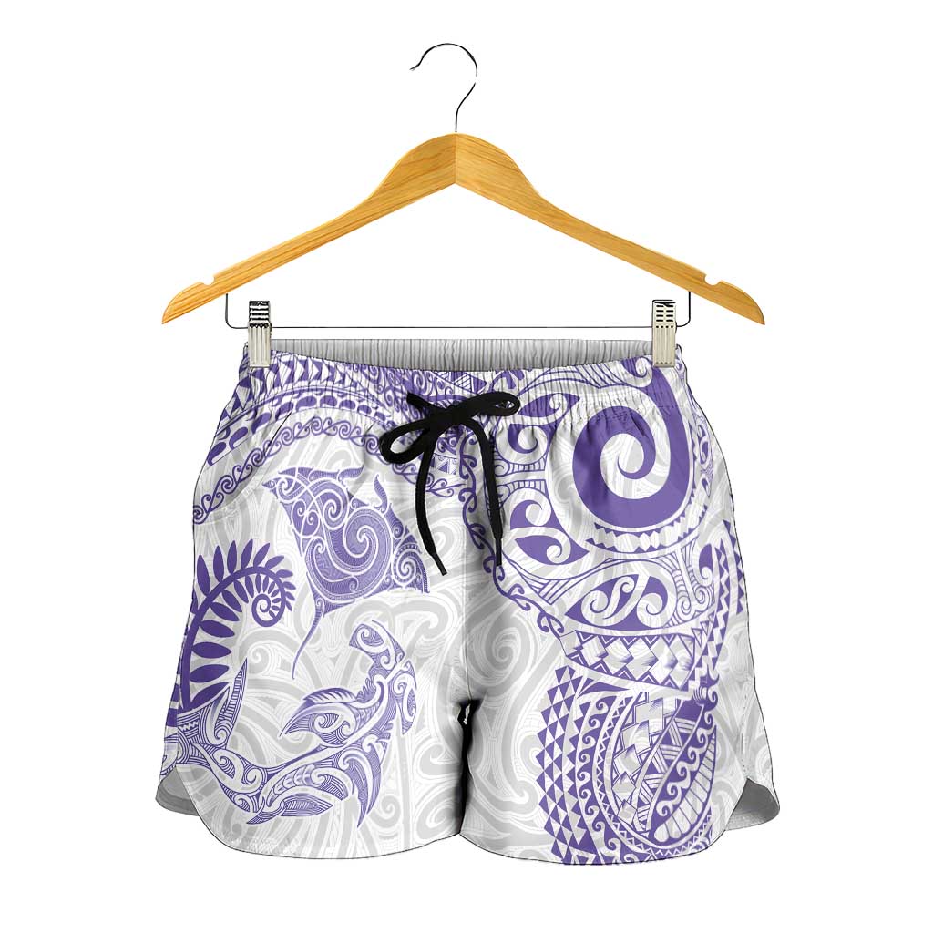 Aotearoa Maori Sea Animals Tribal Shorts for Women Manta Ray and Shark Moko Pattern Purple Color LT03 - Polynesian Pride