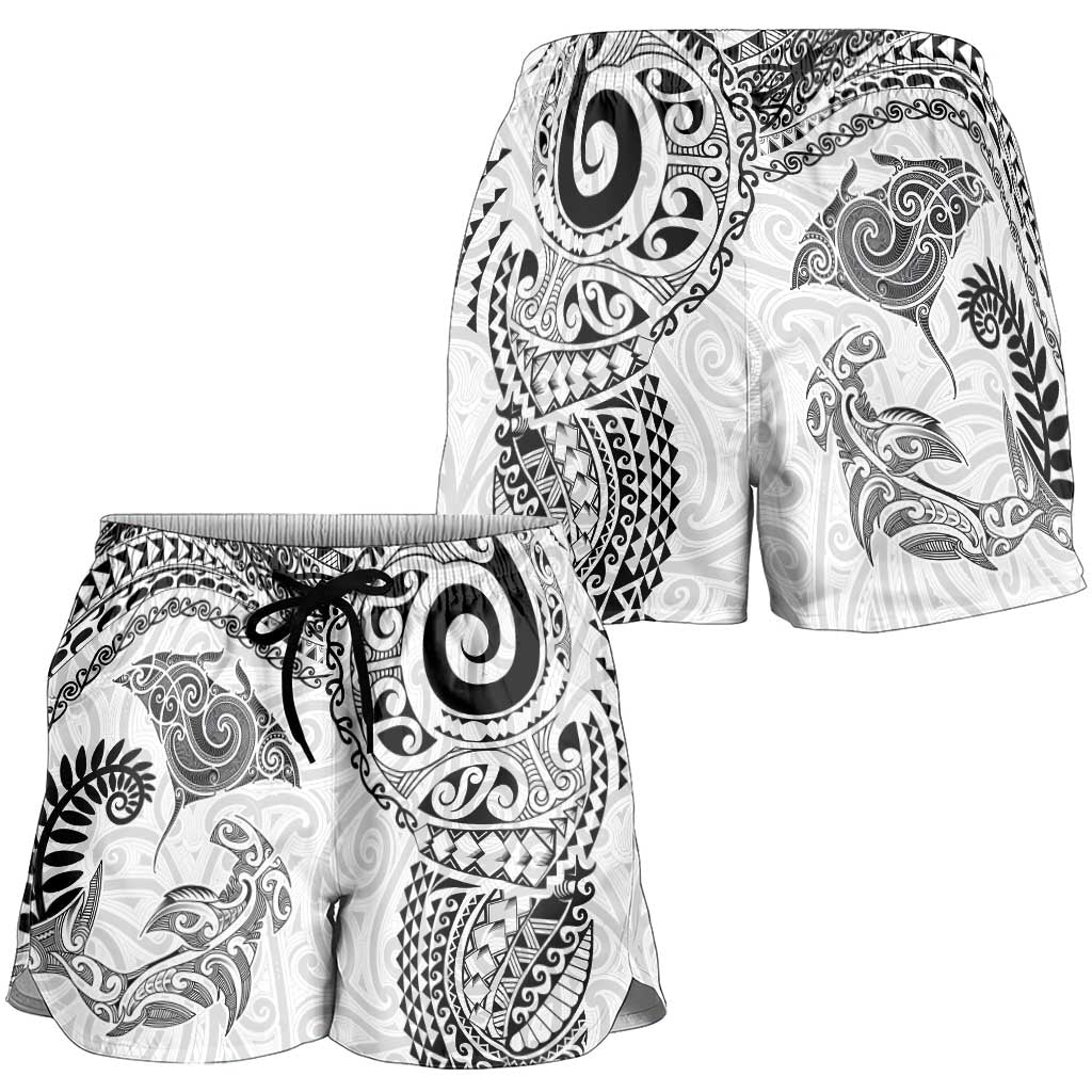 Aotearoa Maori Sea Animals Tribal Shorts for Women Manta Ray and Shark Moko Pattern White Color LT03 - Polynesian Pride