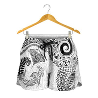 Aotearoa Maori Sea Animals Tribal Shorts for Women Manta Ray and Shark Moko Pattern White Color LT03 - Polynesian Pride