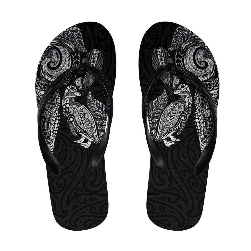 Aotearoa Moko Tribal Tattoo Flip Flops New Zealand Maori Penguin and Fantail Black Color LT03 Black - Polynesian Pride