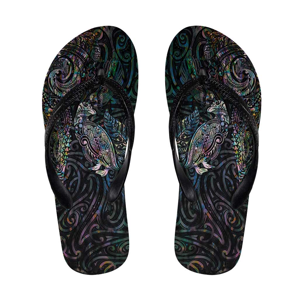 Aotearoa Moko Tribal Tattoo Flip Flops New Zealand Maori Penguin and Fantail Paua Shell Style LT03 Multicolor - Polynesian Pride