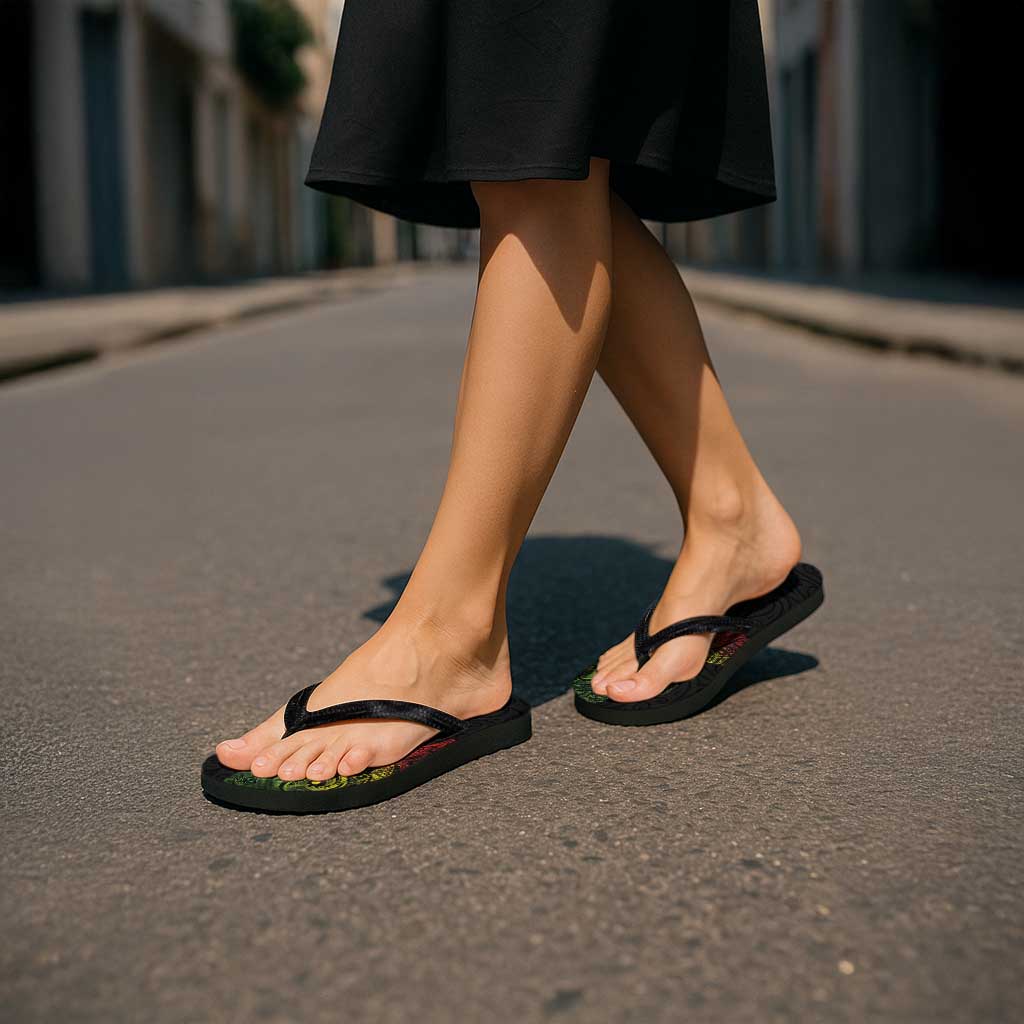 Aotearoa Moko Tribal Tattoo Flip Flops New Zealand Maori Penguin and Fantail Reggae Style