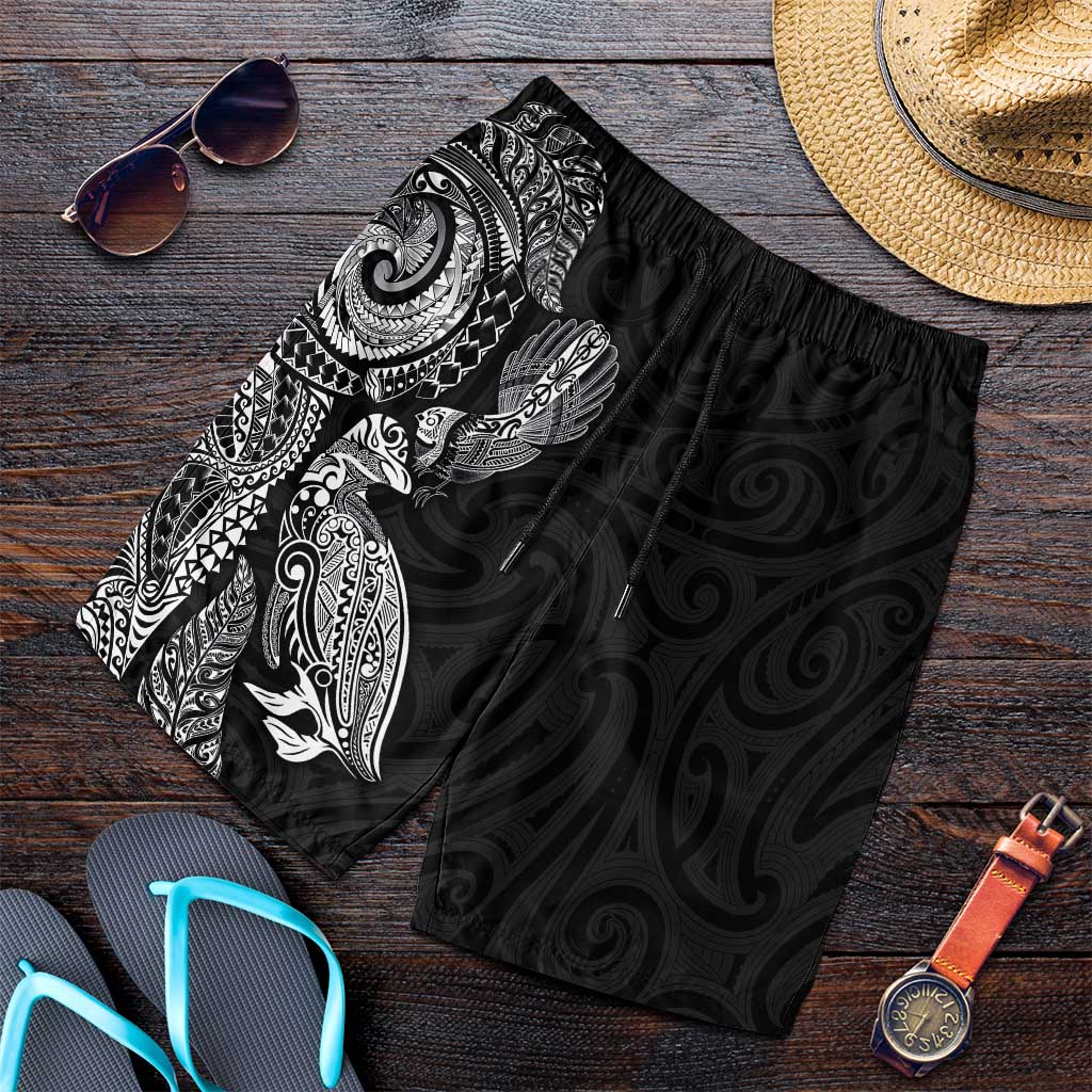 Aotearoa Moko Tribal Tattoo Shorts for Men New Zealand Maori Penguin and Fantail Black Color LT03 Black - Polynesian Pride