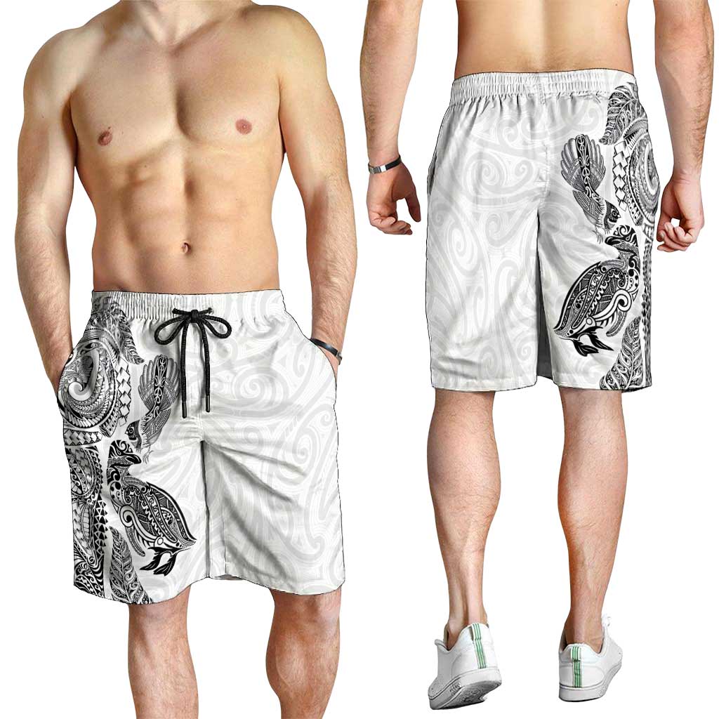 Aotearoa Moko Tribal Tattoo Shorts for Men New Zealand Maori Penguin and Fantail White Color LT03 - Polynesian Pride