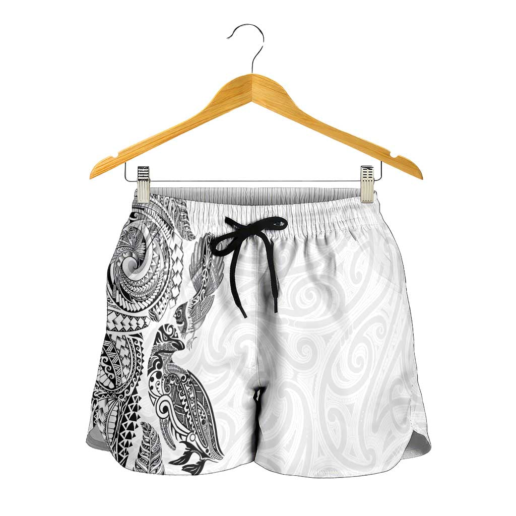 Aotearoa Moko Tribal Tattoo Shorts for Women New Zealand Maori Penguin and Fantail White Color LT03 - Polynesian Pride