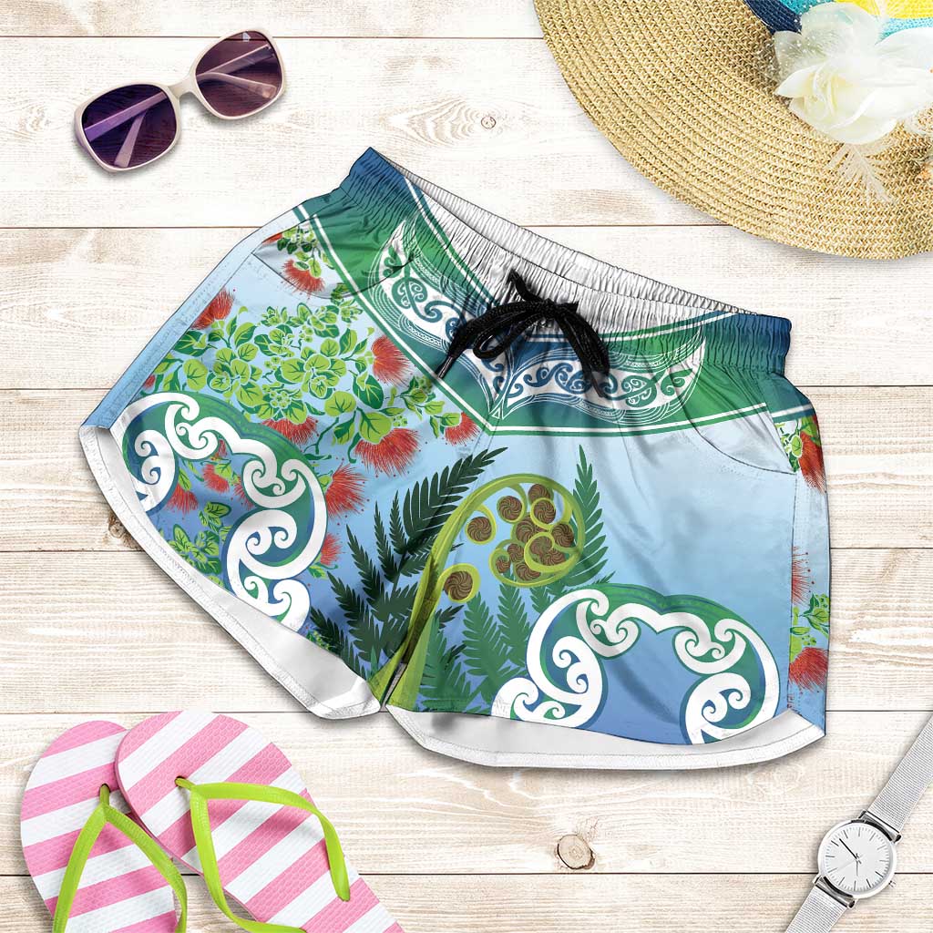 Aotearoa New Zealand Natural Plants Shorts for Women Pohutukawa with Silver Ferns Koru Frond Maori Tattoos LT03 Multicolor - Polynesian Pride