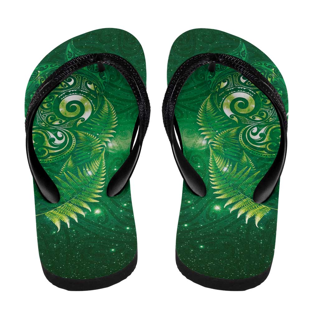 Aotearoa New Zealand New Year Flip Flops Tribal Koru Tattoo Green Galaxy Maori Silver Fern LT03 - Polynesian Pride