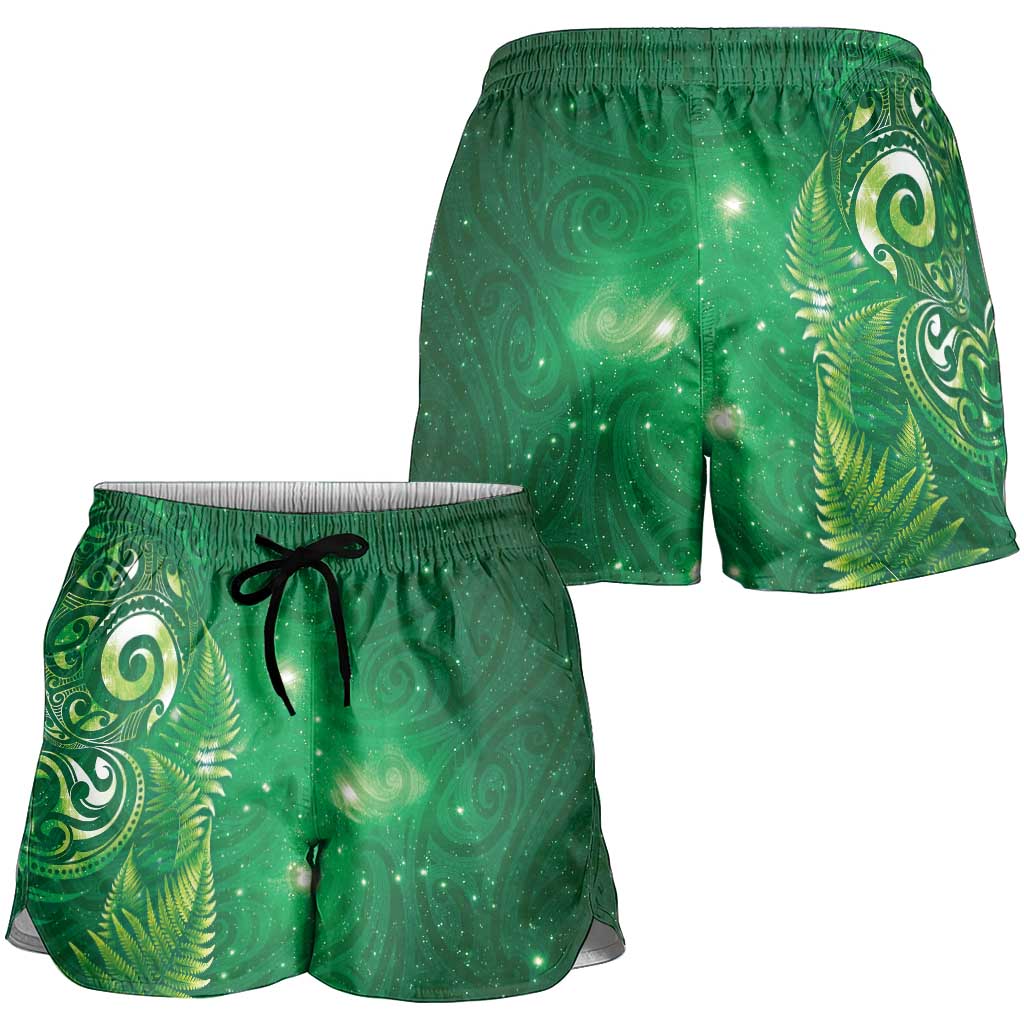 Aotearoa New Zealand New Year Shorts for Women Tribal Koru Tattoo Green Galaxy Maori Silver Fern LT03 - Polynesian Pride