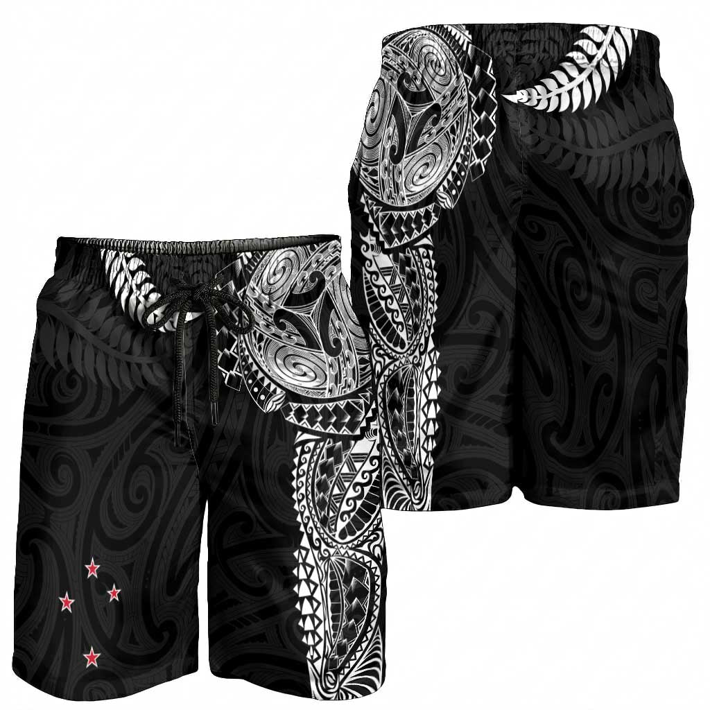 Aotearoa Volleyball Shorts for Men Silver Ferns and Maori Tribal Black LT03 - Polynesian Pride