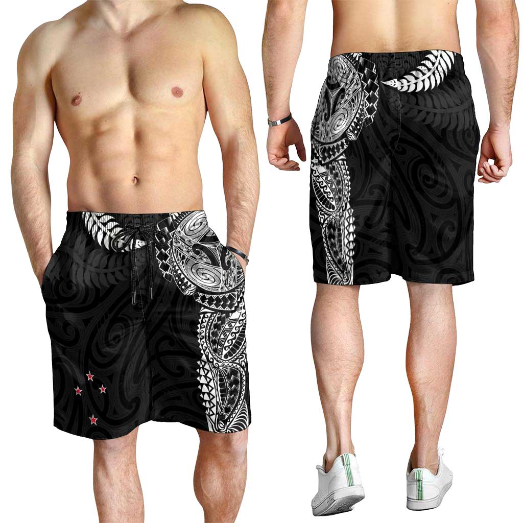 Aotearoa Volleyball Shorts for Men Silver Ferns and Maori Tribal Black LT03 - Polynesian Pride