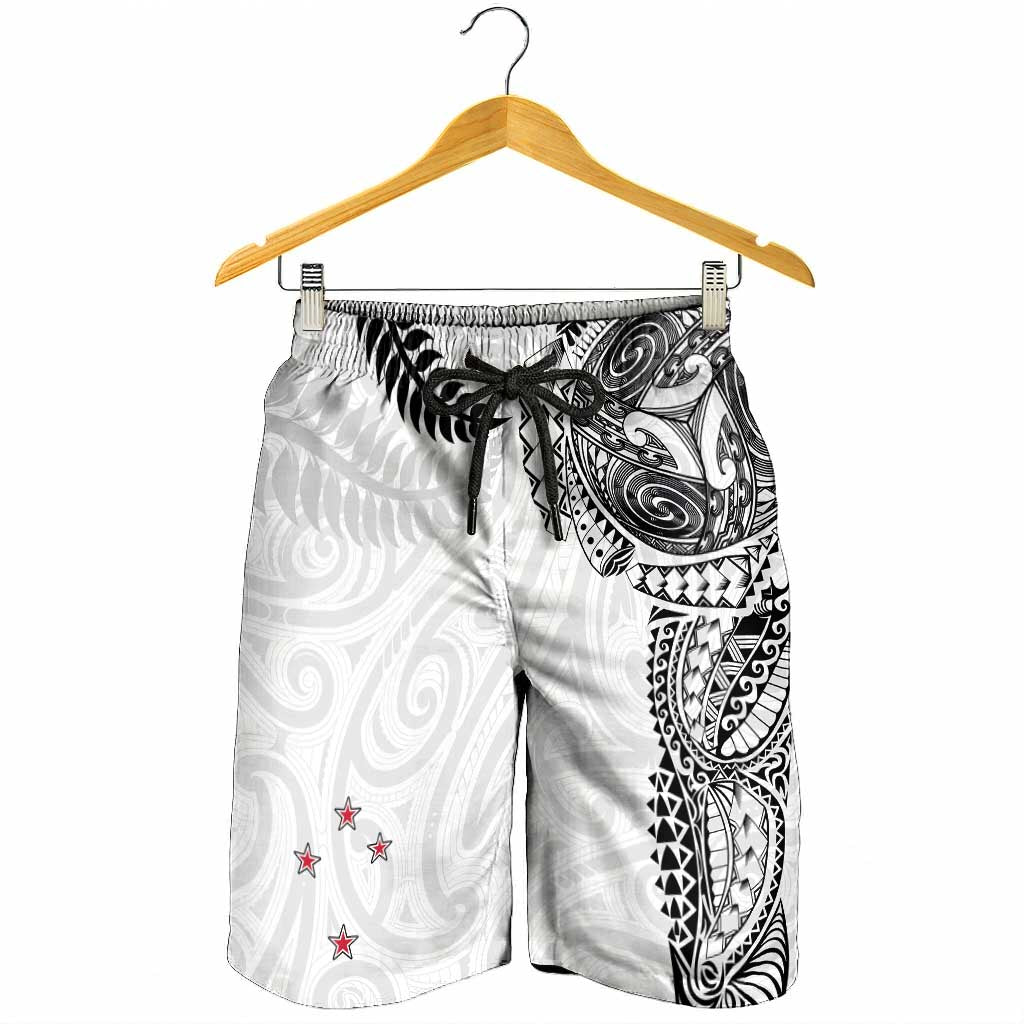 Aotearoa Volleyball Shorts for Men Silver Ferns and Maori Tribal White LT03 - Polynesian Pride