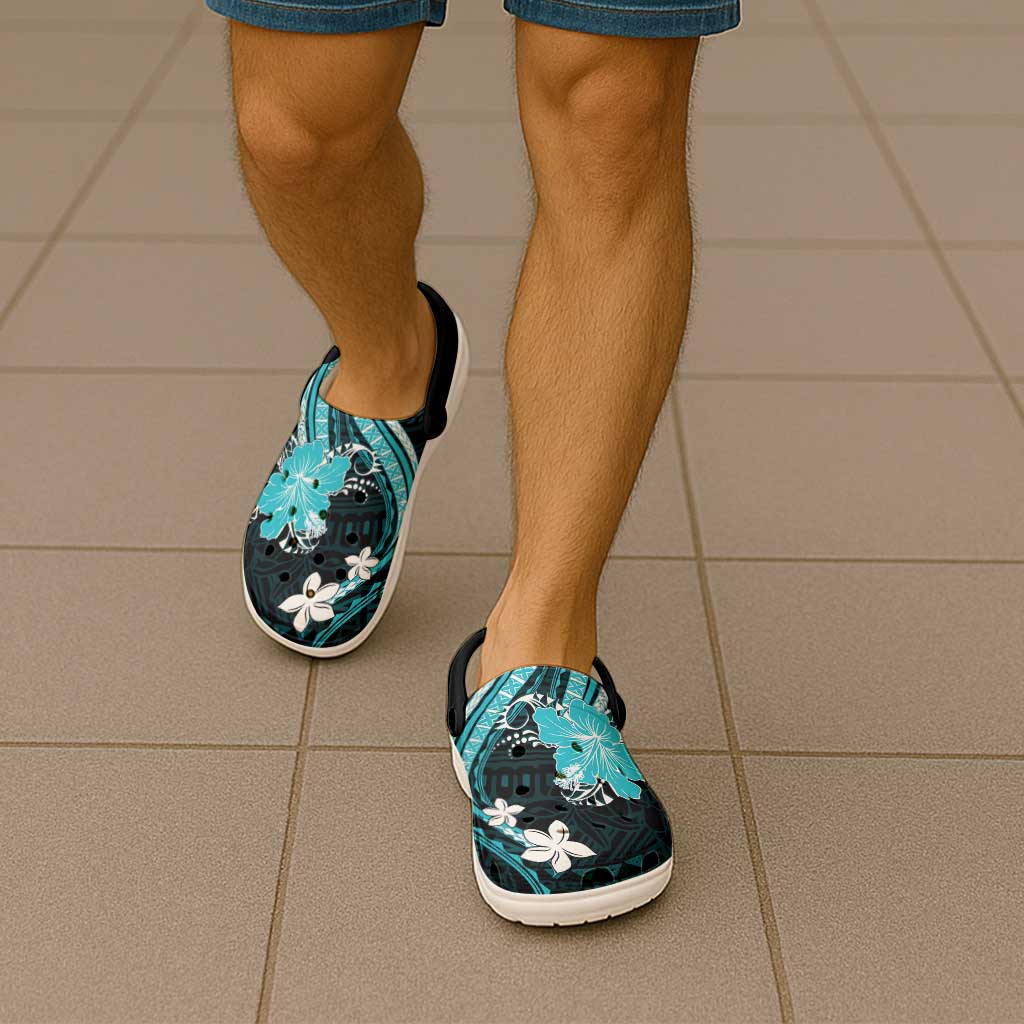 Aqua Polynesian Pattern With Tropical Flowers Clogs Shoes - Polynesian Pride