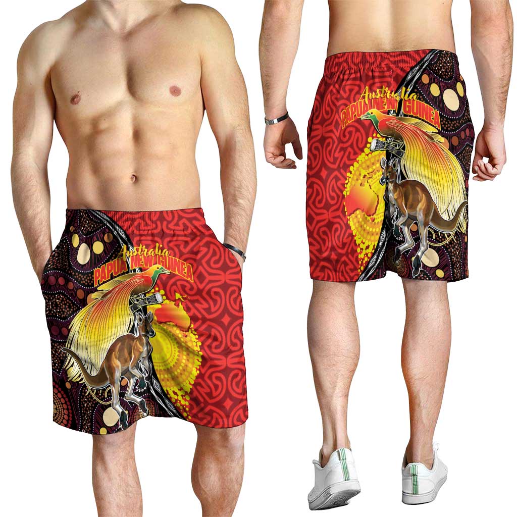 Australia and Papua New Guinea Together Shorts for Men Bird-of-paradise and Kangaroo with Oro Tapa and Aboriginal Art Motifs - Polynesian Pride
