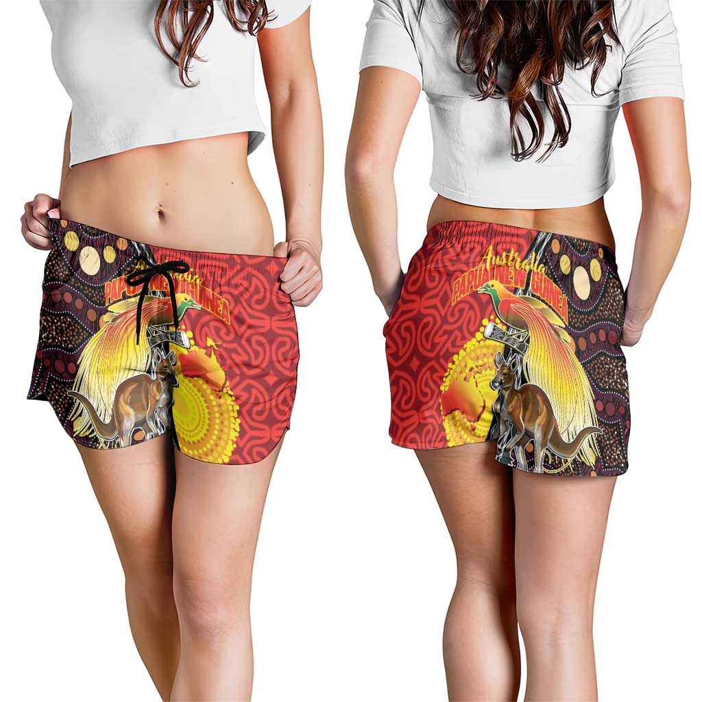 Australia and Papua New Guinea Together Shorts for Women Bird-of-paradise and Kangaroo with Oro Tapa and Aboriginal Art Motifs - Polynesian Pride