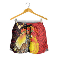 Australia and Papua New Guinea Together Shorts for Women Bird-of-paradise and Kangaroo with Oro Tapa and Aboriginal Art Motifs - Polynesian Pride
