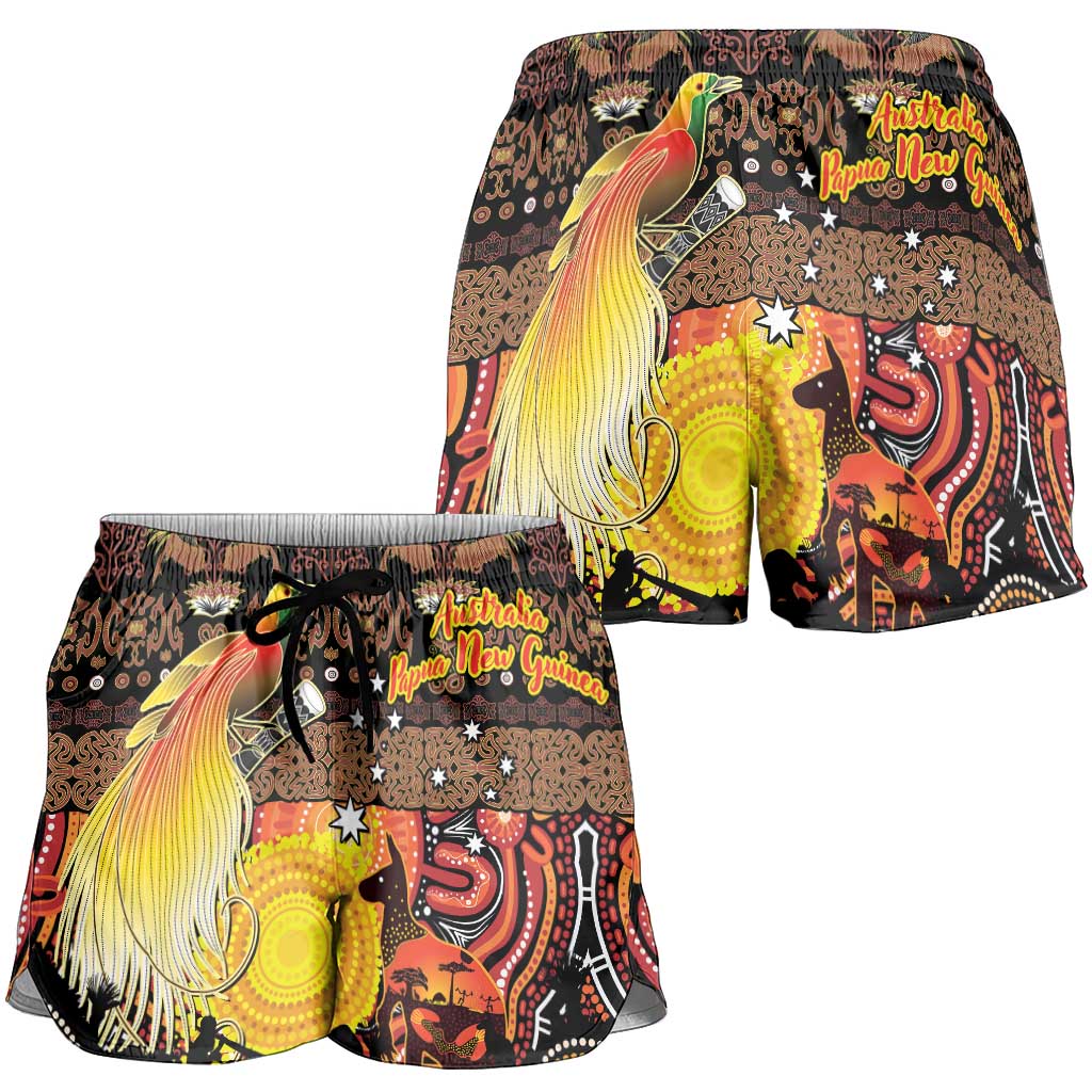 Australia and Papua New Guinea Together Shorts for Women Kangaroo Aboriginal Art and Bird-of-paradise Oro Tribal Motifs - Polynesian Pride