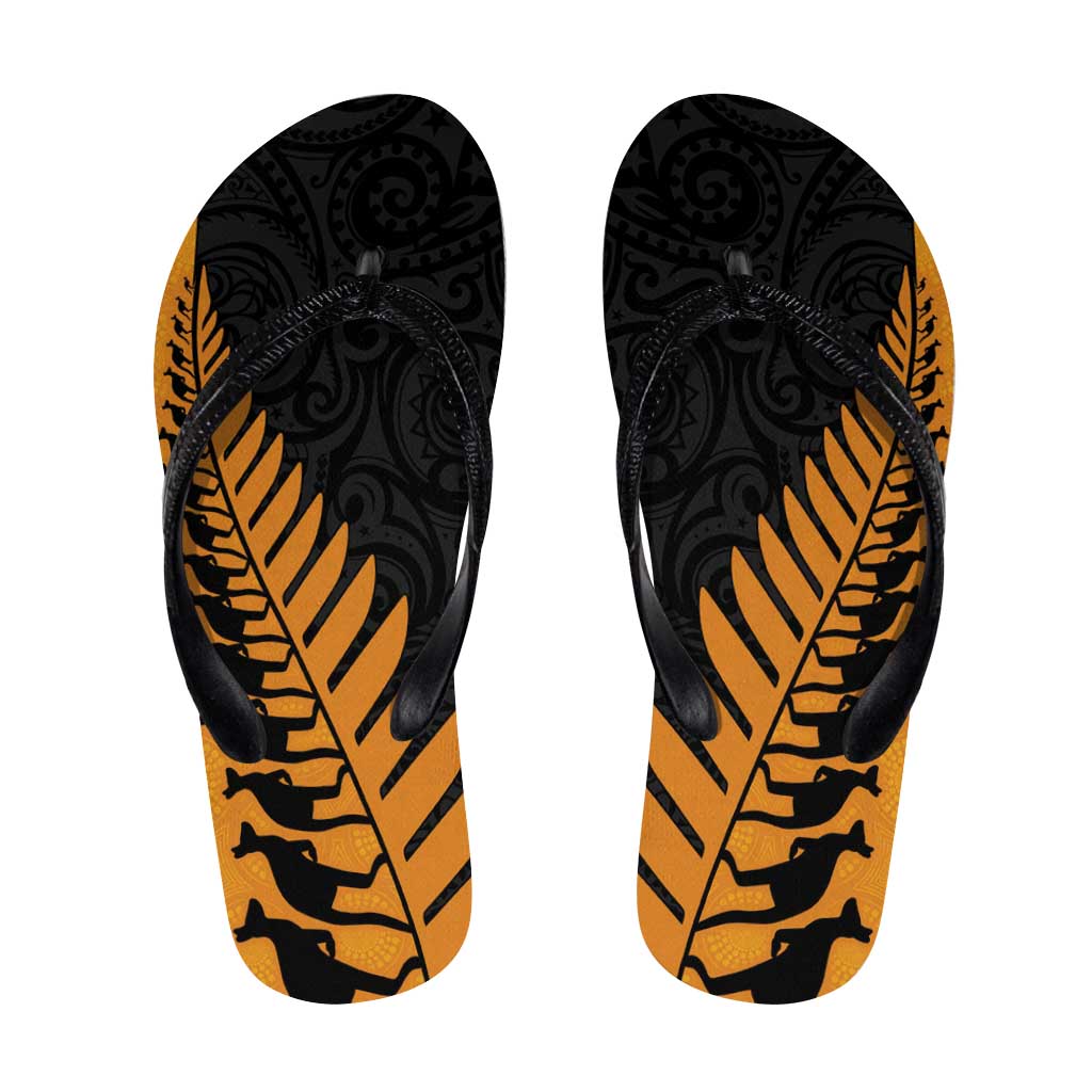 Australia New Zealand Rugby Flip Flops Gold Aboriginal Wallabies and Maori Black Fern LT9 Gold - Polynesian Pride
