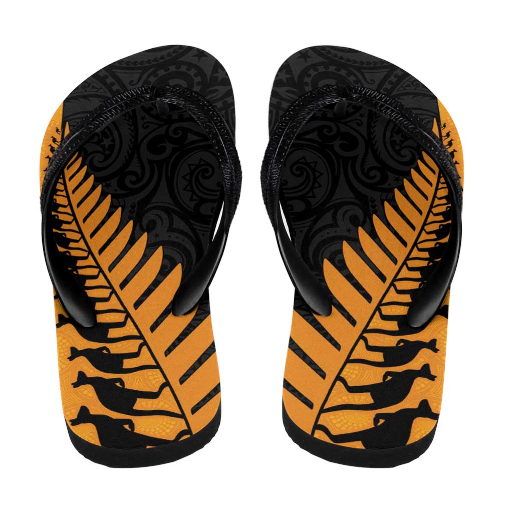 Australia New Zealand Rugby Flip Flops Gold Aboriginal Wallabies and Maori Black Fern LT9 - Polynesian Pride
