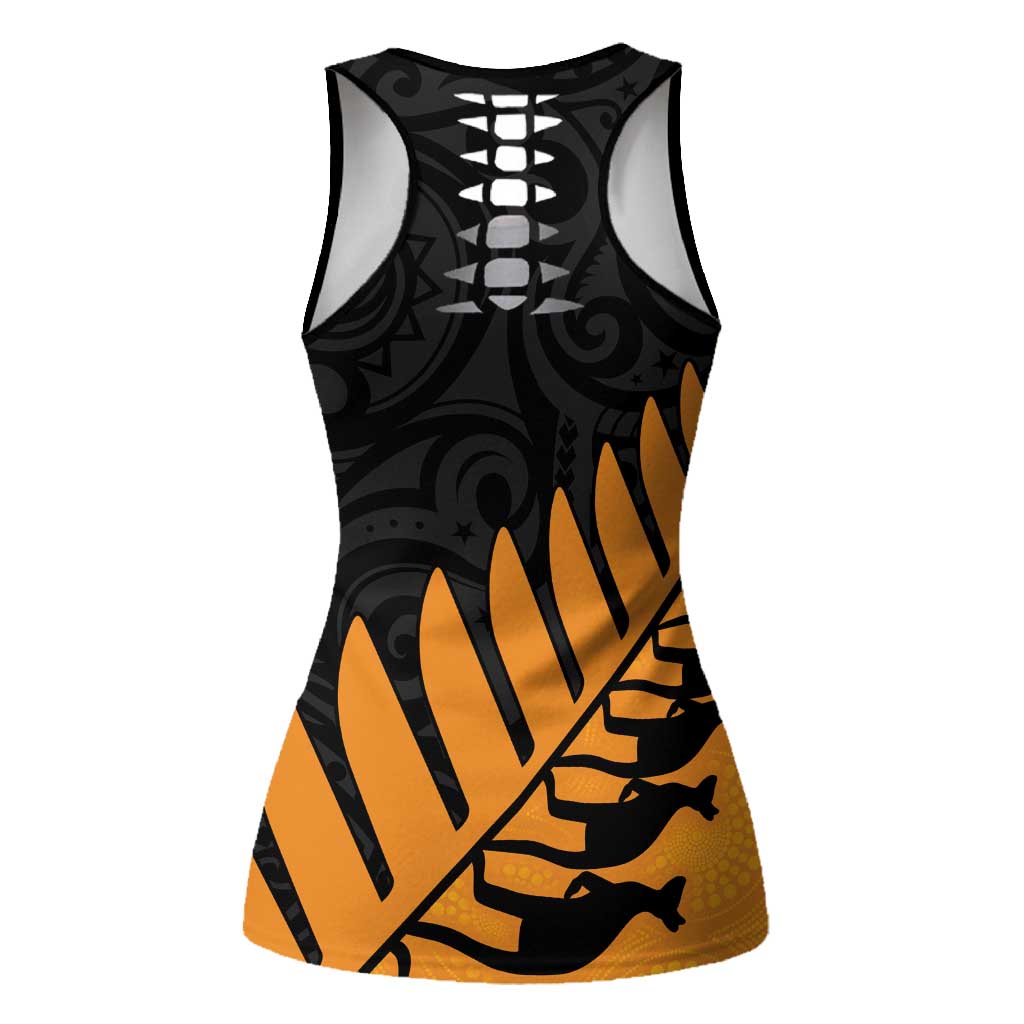 Australia New Zealand Rugby Hollow Tank Top Gold Aboriginal Wallabies and Maori Black Fern - Polynesian Pride