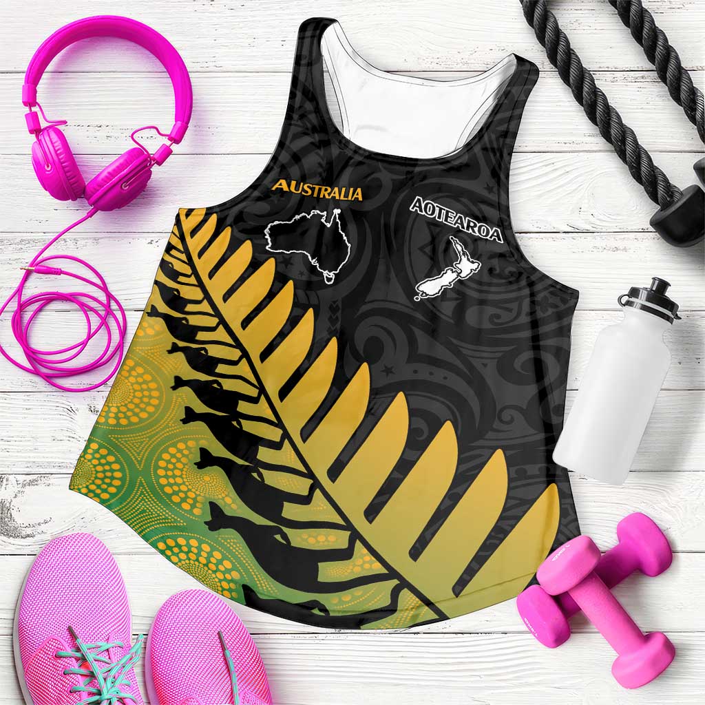 Australia New Zealand Rugby Women Racerback Tank Gradient Aboriginal Wallabies and Maori Black Fern - Polynesian Pride