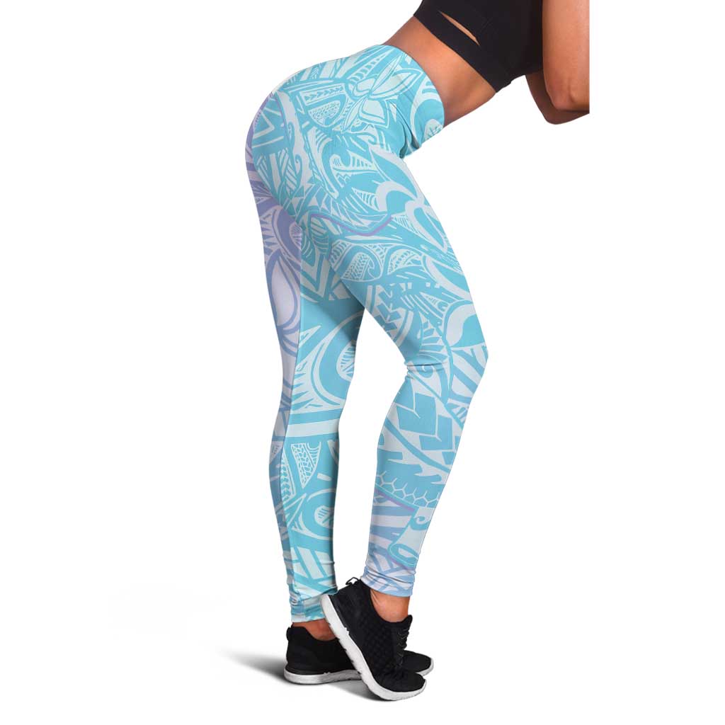 Baby Blue Gradient Polynesia Leggings Hawaiian Tribal Hammerhead Shark Tattoo LT14 - Polynesian Pride