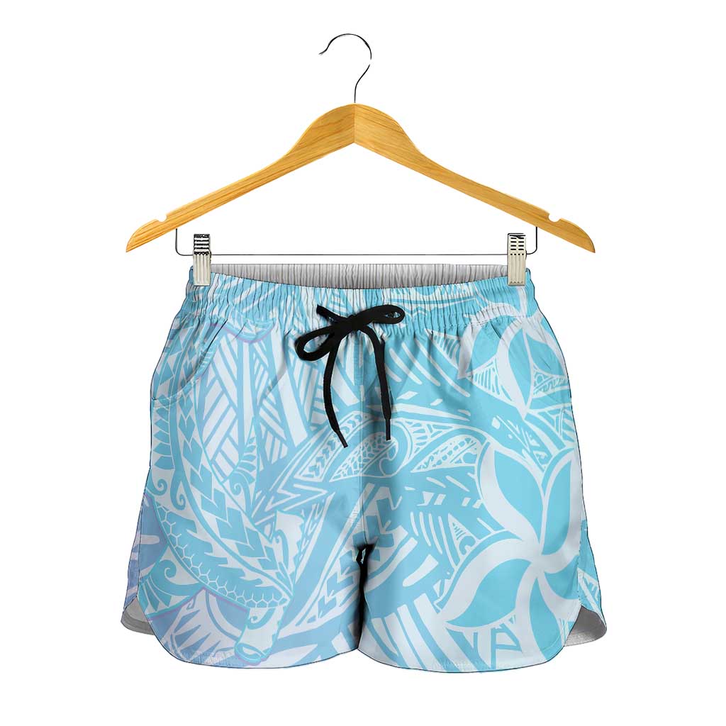 Baby Blue Gradient Polynesia Shorts for Women Hawaiian Tribal Hammerhead Shark Tattoo - Polynesian Pride