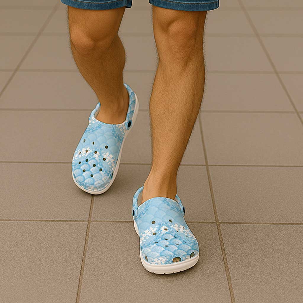 Baby Blue Mermaid Puakenikeni Maile Lei Clogs Shoes