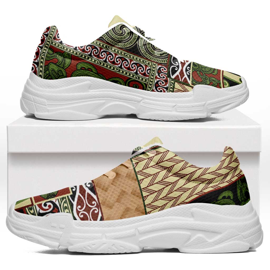 Beige Aotearoa Kowhaiwhai Pattern Chunky Sneakers NZ Maori Quilt Style - Polynesian Pride