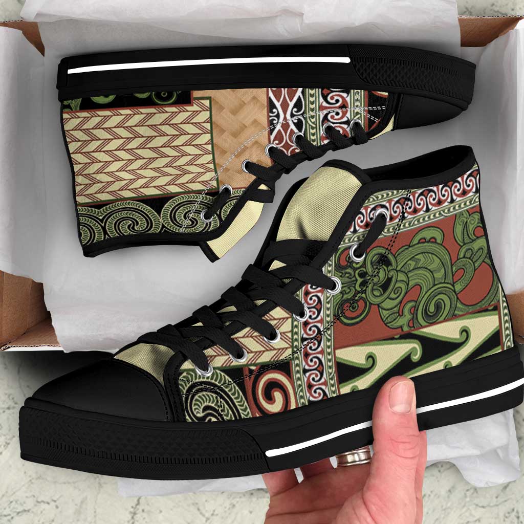 Beige Aotearoa Kowhaiwhai Pattern High Top Shoes NZ Maori Quilt Style LT14 Beige - Polynesian Pride