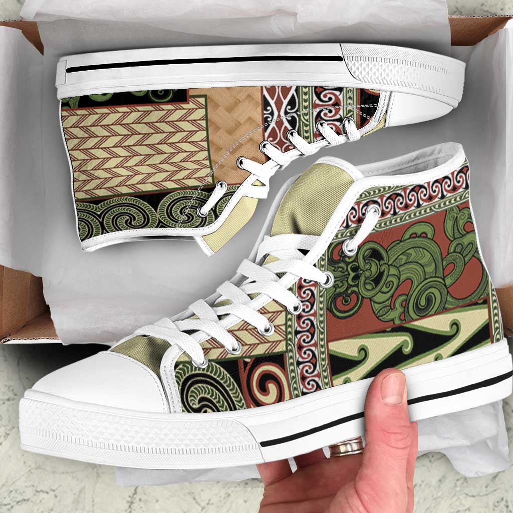 Beige Aotearoa Kowhaiwhai Pattern High Top Shoes NZ Maori Quilt Style LT14 Beige - Polynesian Pride