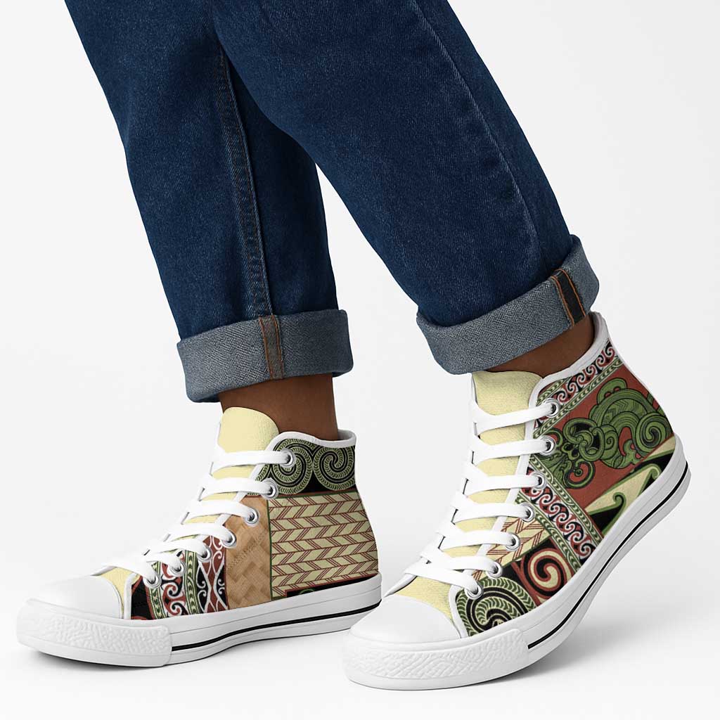 Beige Aotearoa Kowhaiwhai Pattern High Top Shoes NZ Maori Quilt Style LT14 - Polynesian Pride
