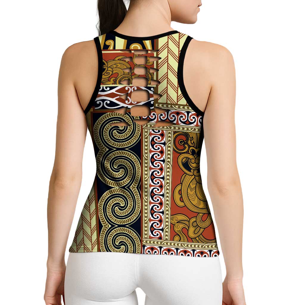 Beige Aotearoa Kowhaiwhai Pattern Hollow Tank Top NZ Maori Quilt Style LT14 - Polynesian Pride