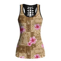 Beige Hawaii Hibiscus Tropical Flowers Motifs Hollow Tank Top - Polynesian Pride