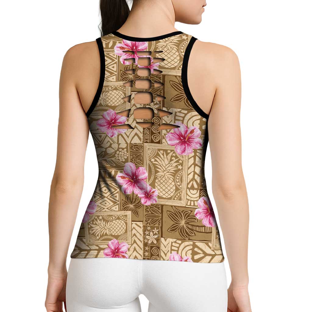 Beige Hawaii Hibiscus Tropical Flowers Motifs Hollow Tank Top - Polynesian Pride