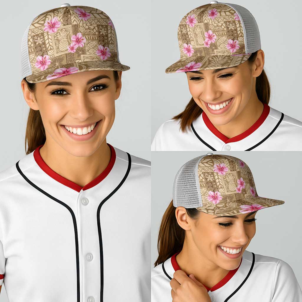 Beige Hawaii Hibiscus With Tropical Flowers Motifs Baseball Net Cap - Polynesian Pride
