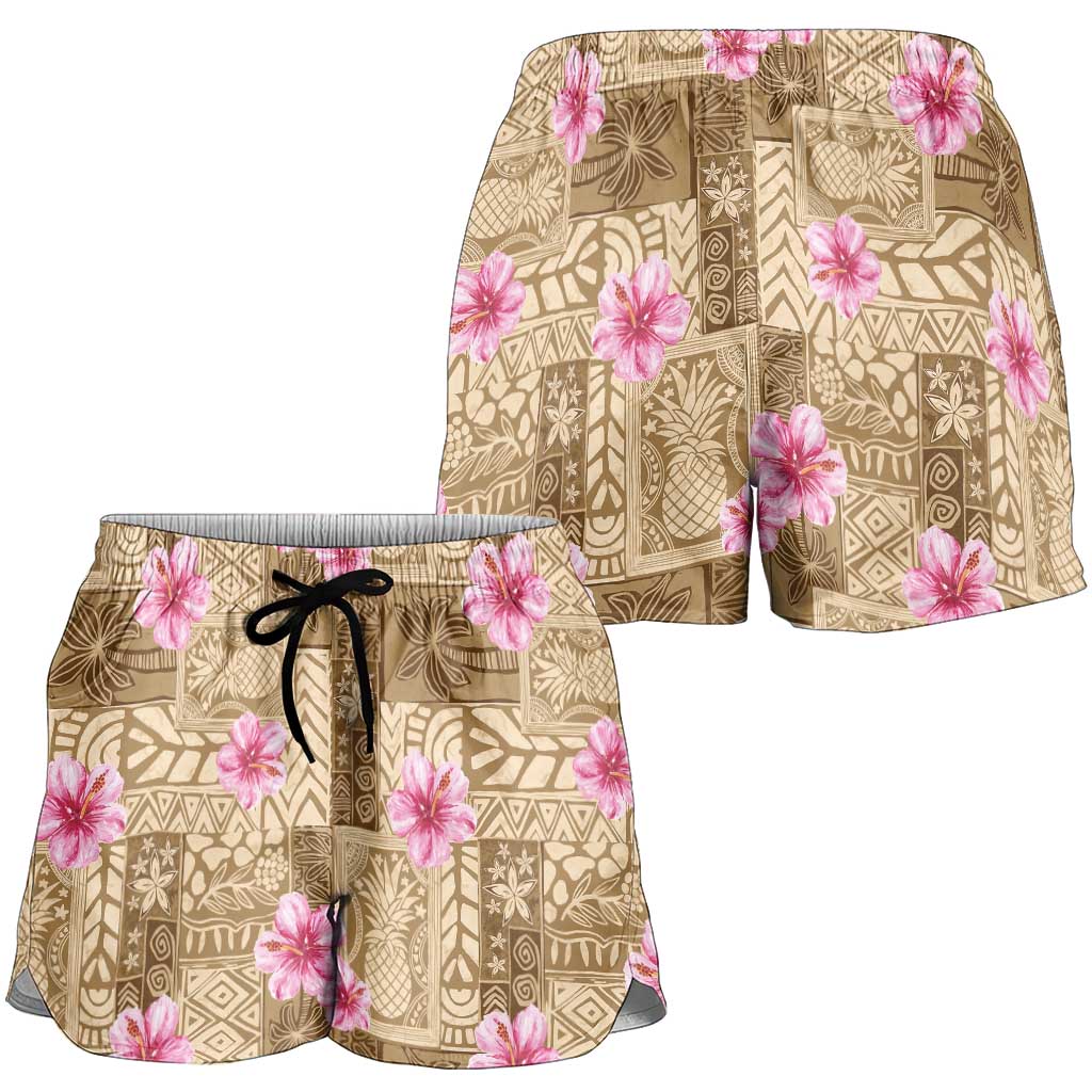 Beige Hawaii Hibiscus With Tropical Flowers Motifs Shorts for Women - Polynesian Pride
