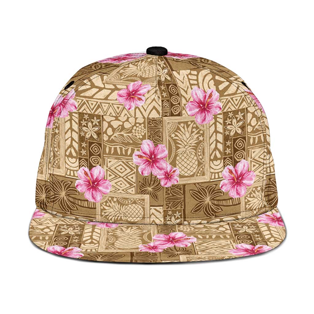 Beige Hawaii Hibiscus With Tropical Flowers Motifs Snapback Cap - Polynesian Pride