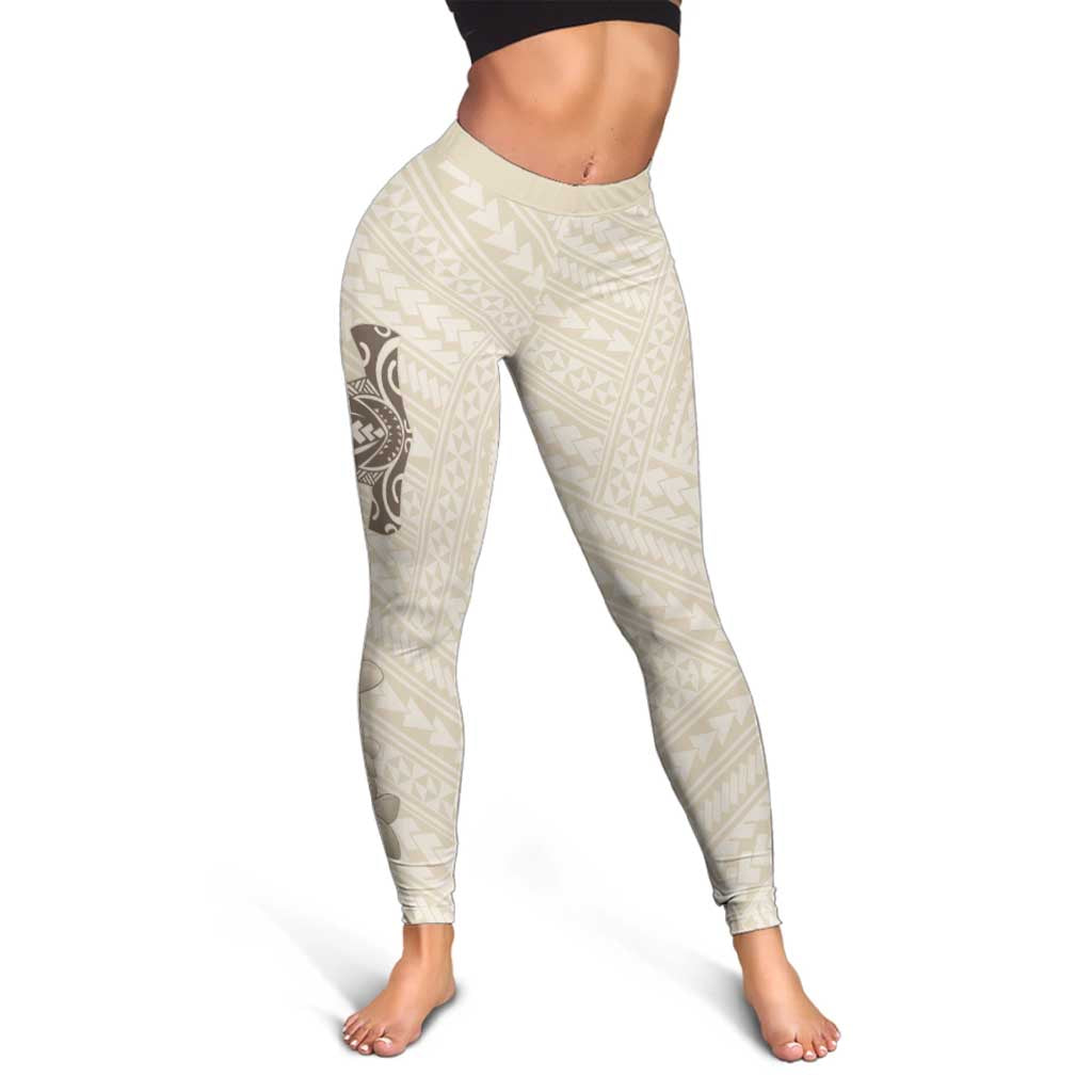 Beige Hawaii Leggings Hammerhead Shark Tattoo Curve Polynesian - Polynesian Pride