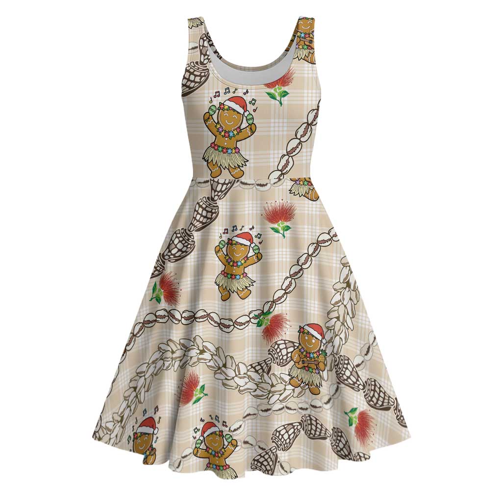 Beige Palaka Hawaii Mele Kalikimaka Midi Dress Ohia Lehua Shell Leis Funny Gingerbread Santa - Polynesian Pride