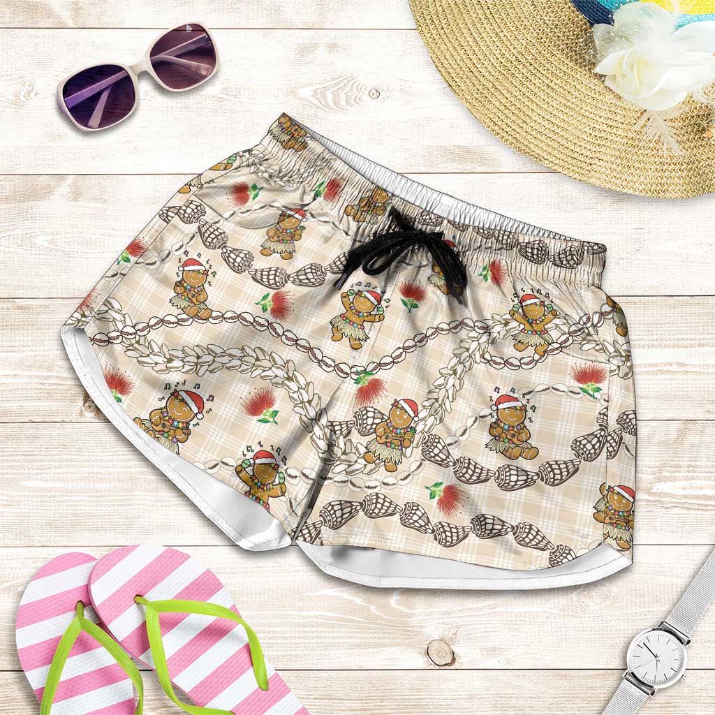 Beige Palaka Hawaii Mele Kalikimaka Shorts for Women Ohia Lehua Shell Leis Funny Gingerbread Santa - Polynesian Pride
